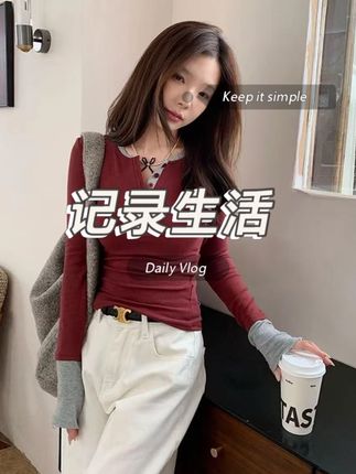 2025秋款撞色假两件独特别致内搭打底衫女辣妹上衣百搭T桖7123#百搭 #爆款热卖中 #显瘦遮肉 #显瘦穿搭 #T恤