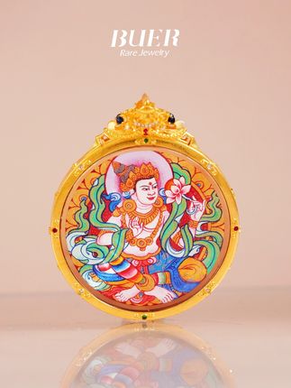 【不二】大师手绘唐卡•18k金彩唐-动态八大•圆牌吊坠