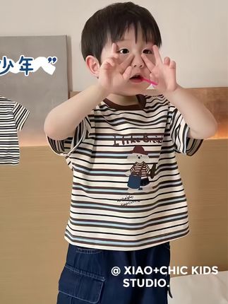 条纹控~儿童夏款复古色系咖色条纹短袖T恤男童女童纯棉圆领半袖潮#儿童条纹T恤 #面料柔软舒适 #高品质童装 #潮童必备 #母婴好物