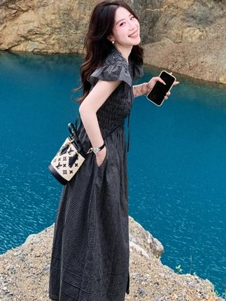 法式小飞袖黑色格纹连衣裙女夏季2025高级感气质收腰显瘦长裙4824#显瘦穿搭#穿出高级感#ootd穿搭#显瘦遮肉#谁穿谁好看系列