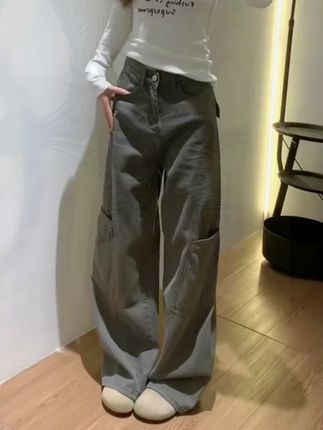 初秋美式复古高街阔腿牛仔工装裤显瘦垂感高腰牛仔裤弯刀裤#牛仔 #简约大气 #显高显瘦显腿长 #显高显瘦 #百搭神裤