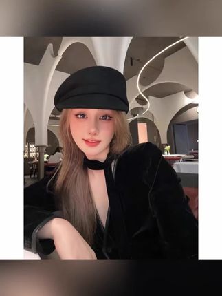 fever同款~黑色羊毛呢报童帽女八角帽子不对称贝雷帽羊毡帽画家帽#女士帽子 #羊毛报童帽 #八角帽 #时尚配饰 #不对称设计