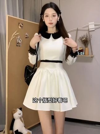 经典分割线赫本连衣裙拼色娃娃领蝴蝶结显瘦a字#显瘦穿搭 #连衣裙 #仙女必备 #显瘦 #套装裙