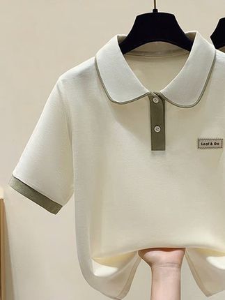 1618实拍短款校园风拼色polo领短袖简约T恤显瘦常规套头短袖减龄    #1618实拍短款校园风拼