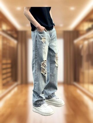 美式高街潮流破洞牛仔裤男春夏薄款设计感宽松直筒长裤子 #破洞牛仔裤 #男士牛仔裤 #宽松直筒裤 #男士长裤 #男装