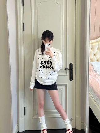 YWBY春秋新款简约休闲风印花螺口重磅纯棉长袖t恤女宽松百搭上衣 #ootd穿搭 #宽松版型 #显瘦 #小众设计感 #小个子女生