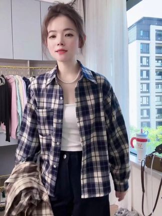 #谁穿谁好看#时尚穿搭#穿出自己的风格#今天穿什么#衬衫 【小个子衬衣】秋季格子衬衣女韩版简约开衫外套百搭休闲长袖衬衫