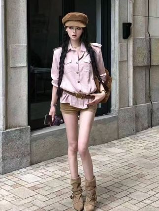 粉色Polo领肩章长袖衬衫女秋季上衣#显瘦穿搭 #谁穿谁好看系列 #好看的衣服都在这里 #今天穿什么 #遮肉显瘦
