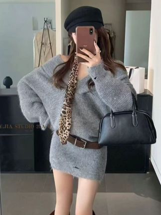 法式新款豹纹穿搭针织毛衣露肩连衣裙女2025秋冬季女装包臀短裙潮#谁穿谁好看#显瘦穿搭#显瘦遮肉#秋季氛围感穿搭#初秋穿搭