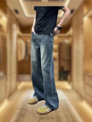 美式复古蓝闪电纹直筒牛仔裤男秋季cleanfit显瘦微喇长裤 #直筒牛仔裤 #男士牛仔裤 #微喇长裤 #男士长裤 #男装