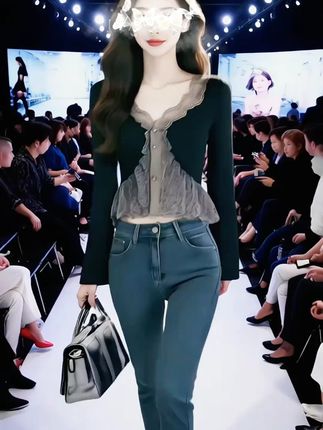 纯欲风撞色蕾丝拼接V领长袖针织开衫女春秋洋气修身百搭上衣#高级感穿搭 #谁穿谁好看 #秋季新款上衣 #休闲百搭 #优雅气质