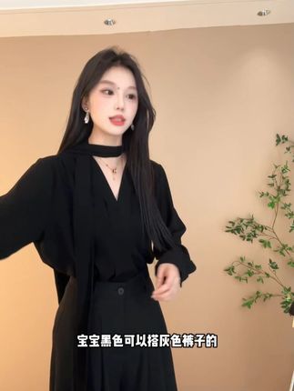 咖色v领飘带衬衫女装秋寄美拉德设计感小众中长款上衣#秋季新款穿搭#早秋上新#谁穿谁好看#穿出高级感#上衣