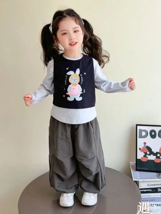 女童早秋学院风套装2025儿童休闲工装裤宝宝打底衫时髦马甲三件套