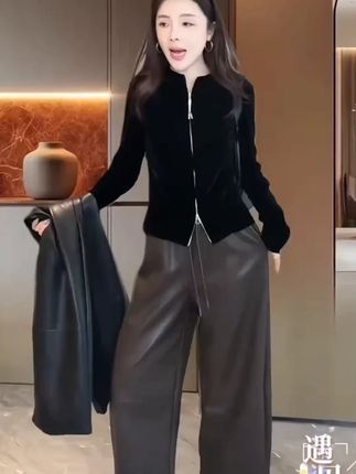 秋冬加绒大码女装宽松抽绳阔腿休闲裤梨形身材显瘦高腰八分裤皮裤 秋冬加绒大码女装宽松抽绳阔腿休闲裤梨形身材显瘦高腰八分裤皮裤#谁穿谁好看 #显高显瘦显腿长 #穿出高级感 #显瘦穿搭 #西装裤