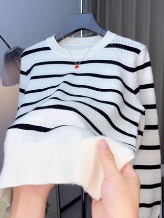 【80-180斤】早秋小香风长袖圆领条纹毛衣女2025针织显瘦百搭726#品质女装 #穿出高级感 #秋季新款 #穿搭分享 #面料柔软舒适