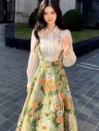 梦境边缘 油画氛围感法式重工复古高腰显瘦背带长裙秋季套装 #裙子👗 #温柔风穿搭 #遮肉显瘦 #高级穿搭
