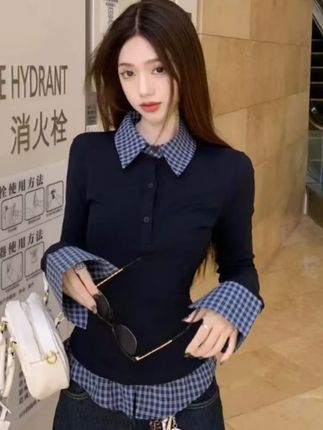 美式学院风假两件小众拼接衬衫长袖T恤女春秋新款修身收腰上衣#显瘦穿搭#修身显瘦#辣妹#百搭#慵懒风穿搭