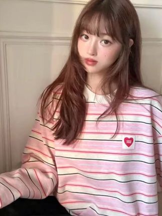 韩系简约条纹印花长袖上衣女秋季百搭圆领ins学院风甜美时尚上衣#谁穿谁好看 #显瘦穿搭 #韩系穿搭 #面料柔软舒适 #ootd穿搭
