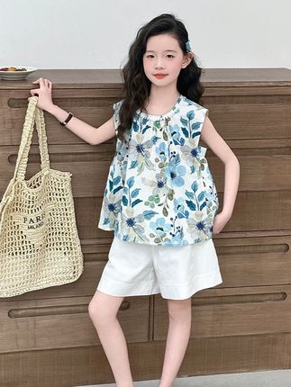 #女童夏季套装 #女童套装 #儿童套装 #儿童夏季套装 #儿童套装推荐 女童夏季套装2025新款儿童韩系碎花无袖上衣中大童棉布短裤两件套