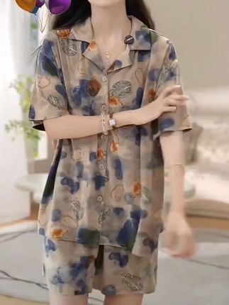 家乐芬睡衣女士春秋款莫代尔棉长袖家居服夏季薄款休闲套装水墨画 #家乐 #莫代尔 #家居服