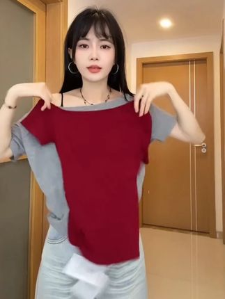 张倩仪同款短袖T恤女夏2025新款斜肩一字肩宽松显廋上衣 显廋上衣 #宽松显瘦#百搭上衣 #T恤 #显瘦穿搭 #气质穿搭