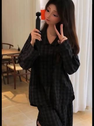 长袖时尚格纹韩版家居服套装 长袖时尚格纹韩版家居服套装#睡衣家居服 #家居服