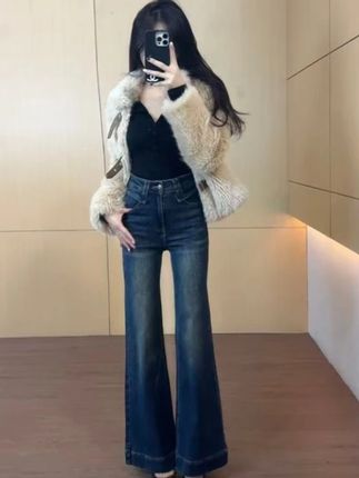 深蓝高腰微喇牛仔裤女2025早秋新款显瘦显高弹力垂感小个子喇叭裤#微喇牛仔裤 #女生穿搭 #显瘦穿搭 #百搭裤子 #穿出大长腿