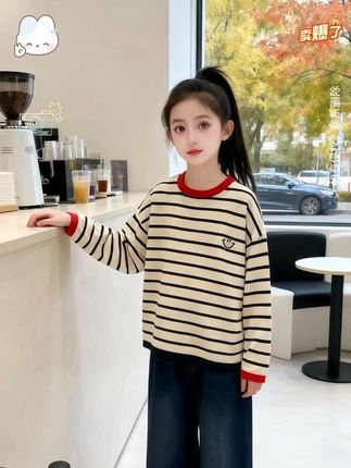 #纯棉t恤好穿又舒服简约撞色条纹打底衫,宽松版型不挑人,还是纯棉的,#百搭上衣#长袖t恤#打底衫#长袖打底衫