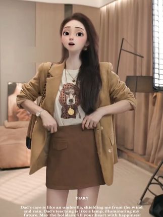 港风复古时髦套装女2025年春秋新款卡通短袖西装外套半身裙三件套 #ootd穿搭 #又美又飒 #今天穿什么 #穿出高级感 #穿搭日记