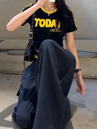 藏蓝色美式速干工装裤女夏季薄款2025新款宽松直筒阔腿伞兵弯刀裤 #夏季新款时尚潮流工装裤面