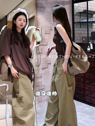 9.08.老钱调性的工装阔腿裤来喽~斜纹棉工装伐木直筒牛仔裤阔版系带调节宽松阔腿长裤!#桃子PEACHZHOU#PEACHZHOU#自带松弛感的慵懒风穿搭#老钱风穿搭#工装裤