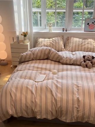 ins风条纹款四件套学生床单宿舍三件套被套被罩简约床品双人床#四件套 #ins风 #学生床品 #宿舍三件套 #简约床品