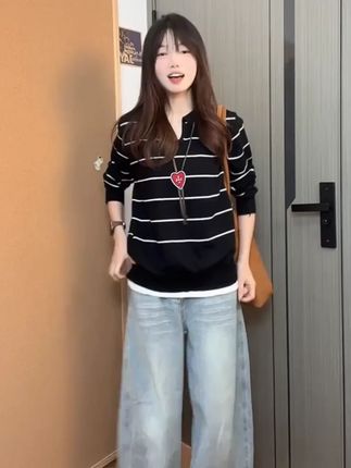 秋冬新款大码法式别致宽松慵懒风长袖条纹针织衫女 #针织衫女 #长袖 #针织衫 #针织衫女 #长袖针织衫女