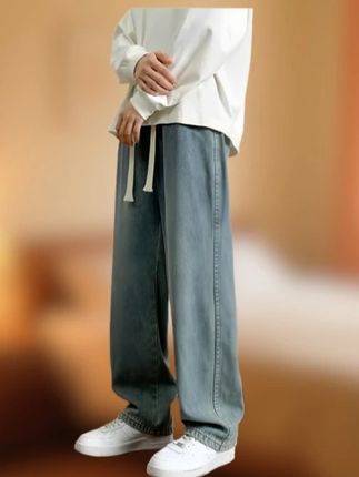 春秋大码松紧腰牛仔裤子阔腿男士品质百搭青少年直筒宽松休闲长裤 #男生穿搭#百搭裤子#显高显瘦显腿长#穿出自己的风格#男裤