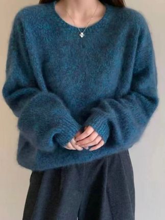 花纱拉毛韩系圆领秋冬针织衫宽松慵懒风软糯亲肤百搭简约毛衣#毛衣 #宽松版型 #韩系穿搭 #慵懒风穿搭 #简约搭配