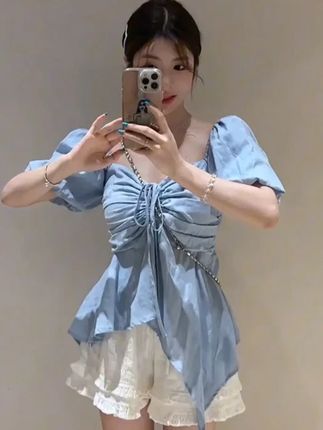 大码法式衬衫女夏季新款短袖收腰衬衣胖MM遮肉显瘦短款上衣-7664 #遮肉显瘦 #夏天该有的样子 #梨形身材穿搭 #今日穿搭 #夏日穿搭