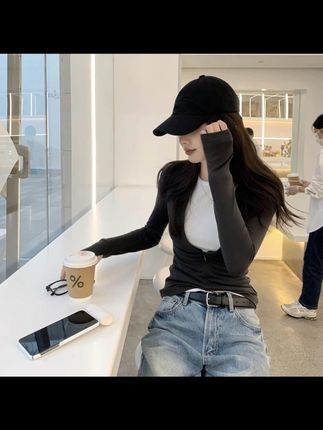 女生韩系ins衣服女新款简约修身气质长袖假两件上衣百搭显瘦裤子