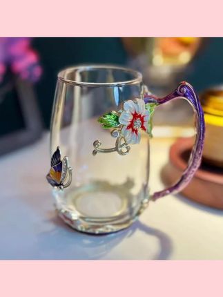 耐热珐琅彩有手柄玻璃杯玻璃带把手水杯少女心粉色早餐饼茶杯送礼#耐热玻璃杯 #珐琅彩杯子 #带柄水杯 #少女心杯子 #早餐茶杯