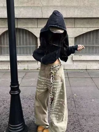 美式复古字母印花弯刀工装裤男女秋季新款设计感宽松阔腿牛仔裤子#ootd穿搭#这么穿显瘦20斤#小个子女生#通勤搭配#谁穿谁好看系列