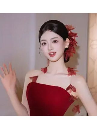 合金布艺婚庆饰品 新娘头饰新中式红色仿真花朵长条发钗发饰G0261#婚庆妆造 #花朵发饰 #红色发夹 #国风发夹