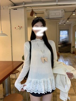 半高领内搭打底衫女2025新款春秋设计感蕾丝花边下摆长袖T恤 #今天穿什么 #女装 #出游穿搭 #打底衫