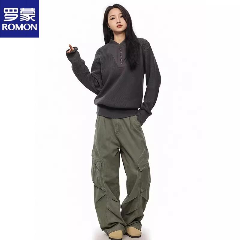 罗蒙美式重磅复古毛衣男女秋冬款简约慵懒加厚毛线衫外套士针织衫