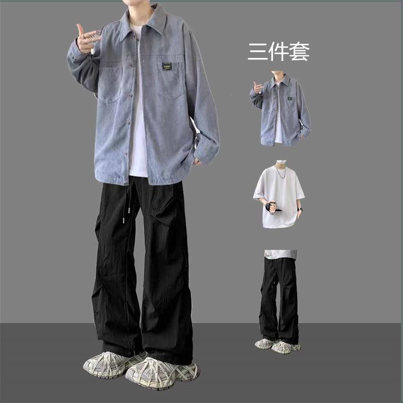 灯芯绒衬衫外套男生春秋季2025新款夹克三件套青少年痞帅休闲套装