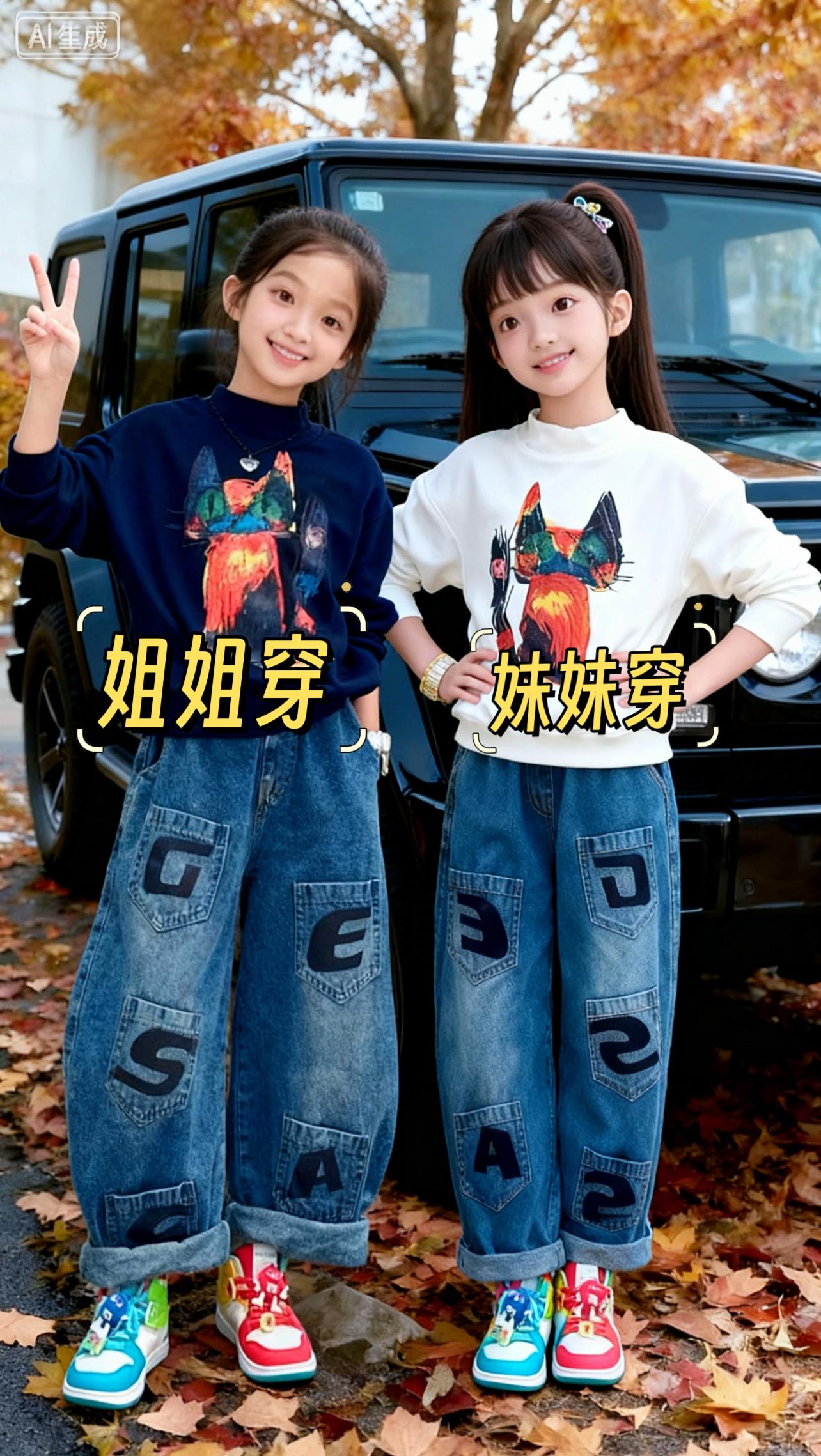 女童洋气卫衣牛仔裤套装