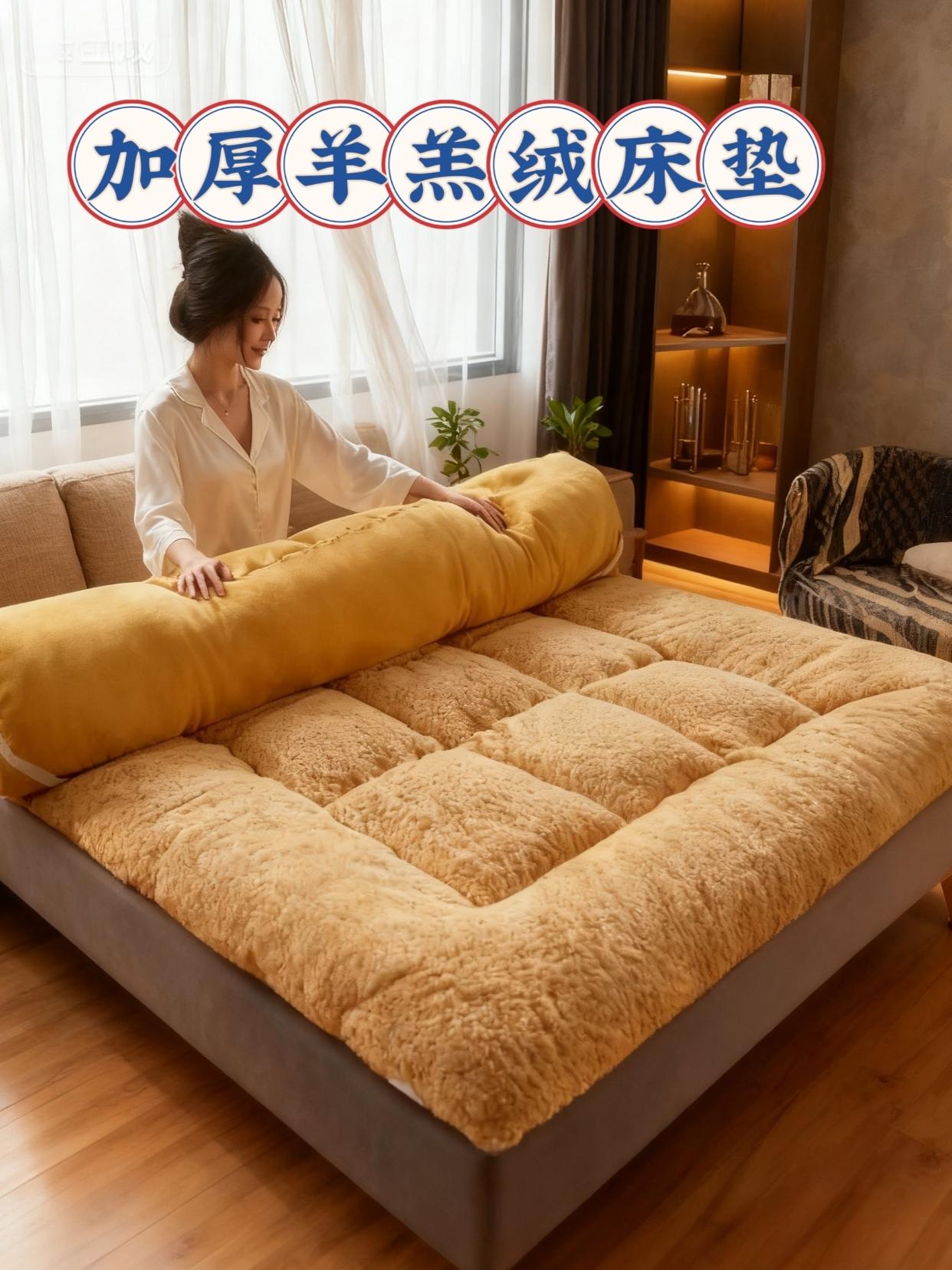 加厚蓄热保暖羊羔绒床垫,柔软亲肤,舒适保暖,冬天不再冷!