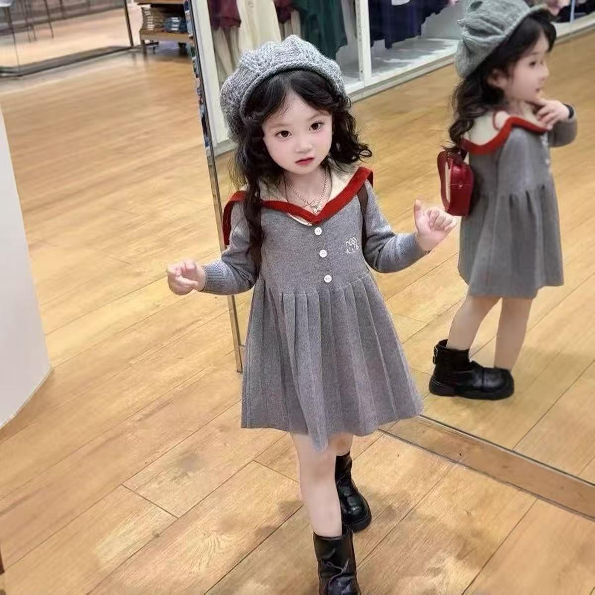 女童针织连衣裙2025秋季新款儿童海军领长袖毛衣裙女宝宝早秋裙子