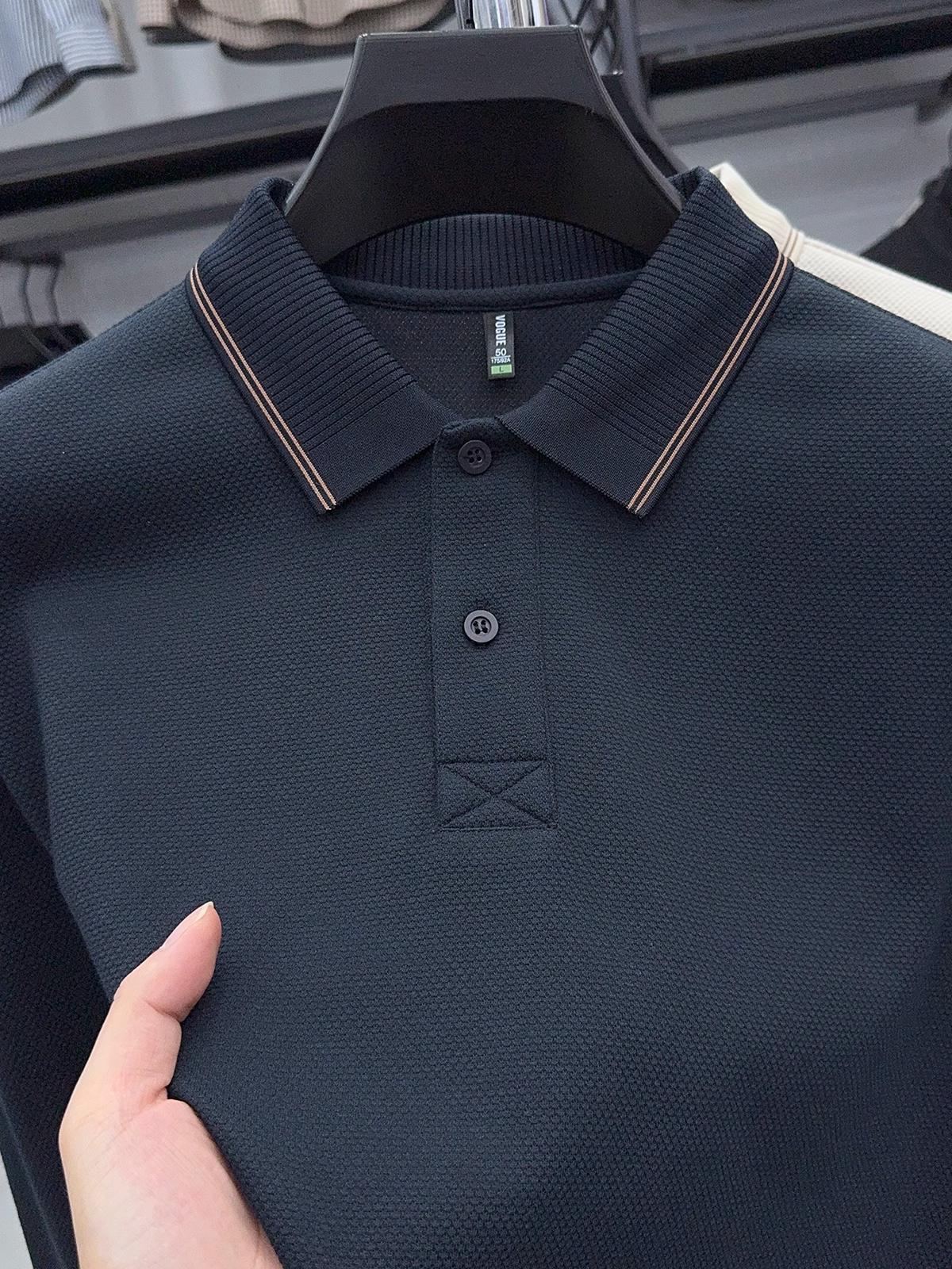 高档菠萝纹长袖男士秋款免烫翻领t恤商务休闲polo衫#品质男装