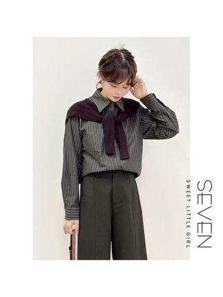 秋季时尚百搭休闲条纹衬衫女送披肩小美说 纹序风线⑦七七146小个子#韩系穿搭#穿搭#小个子穿搭#随时随地标记一下 #永远不要失去打扮欲