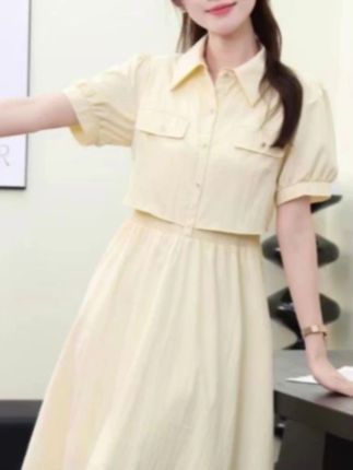韩系通勤时尚甜美减龄拼接假两件短袖连衣裙女2025夏季新款A字裙#夏季新款 #连衣裙 #假两件连衣裙 #A字裙 #穿出高级感