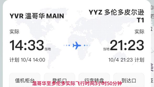 2023年10月4日,自上海浦东国际机场起飞,中途在首尔仁川机场、温哥华机场转机,到达多伦多皮尔逊机场,开启加拿大探亲带娃之旅。